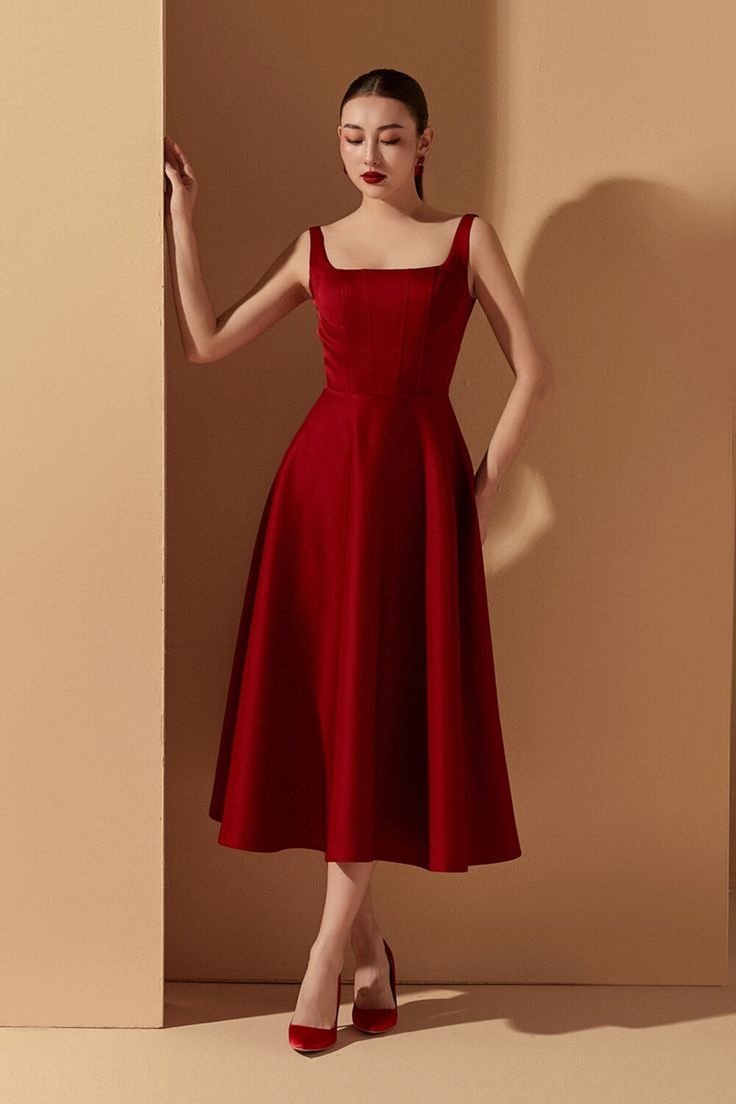 Indulge in elegance and luxury with our Dress. Crafted with the finest taffeta, this dress boasts an A-line silhouette and a flattering square neckline. Perfect for your next special occasion, this dress exudes sophistication and effortless style. Dress Classy Elegant, Red Frock, Red A Line Dress, Elegant Red Dress, Stylish Maxi Dress, Simple Frocks, Frock For Women, Red Dresses Classy, Elegant Midi Dresses