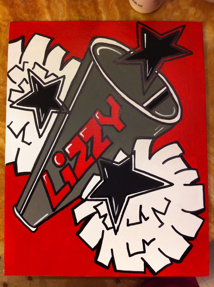 a painting on a red background with black and white stars in the shape of a megaphone