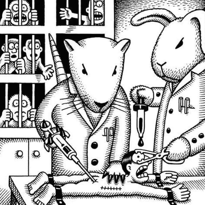 a drawing of two animals sitting at a table with scissors and pencils in front of them