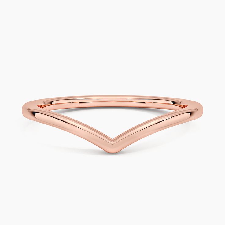 a rose gold ring with an open v design on the front and side, set against a white background