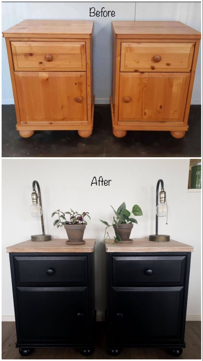 two different views of an old dresser with plants on top and the same side by side