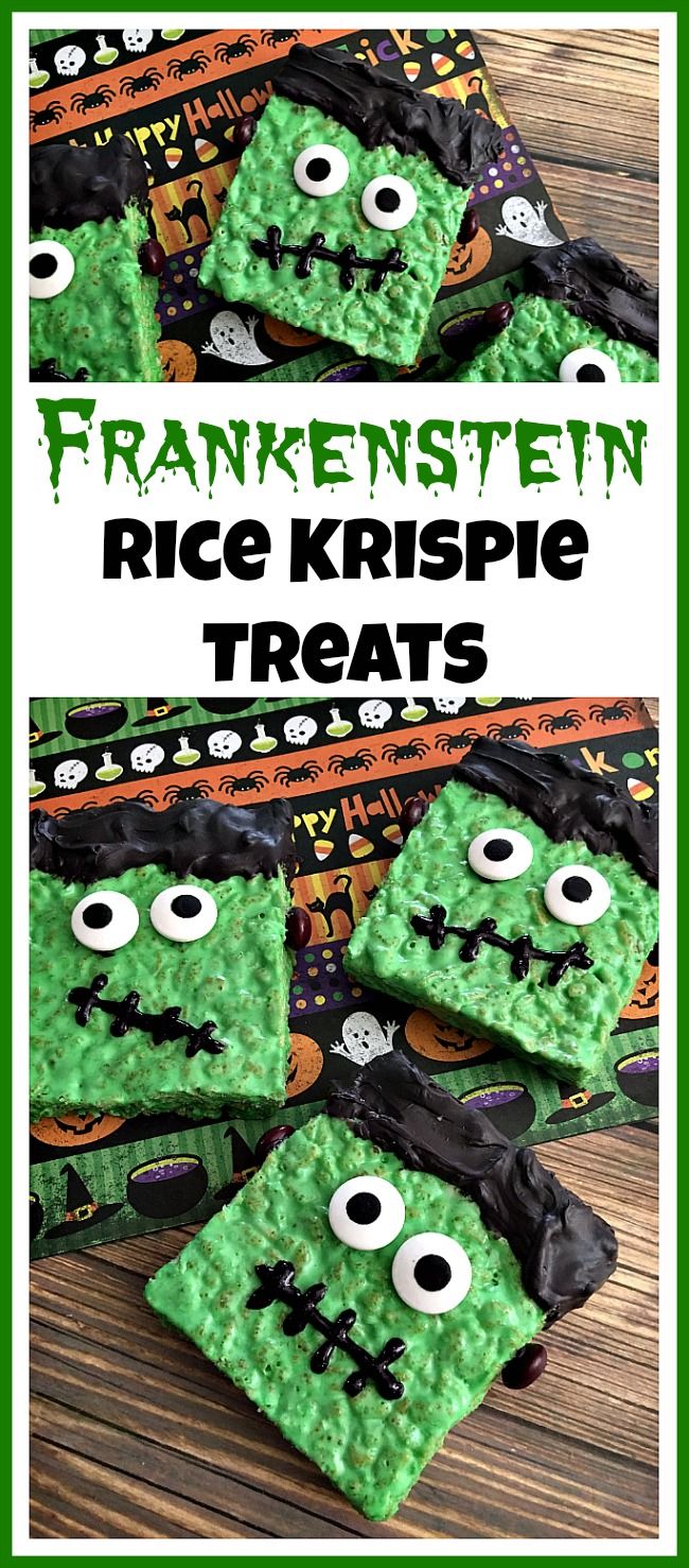 green rice krispie treats with googly eyes on them and the words, frankenstein rice krispy treats