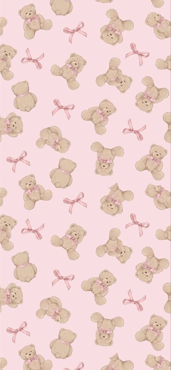 a pink wallpaper with teddy bears and bows on it's head, in the middle