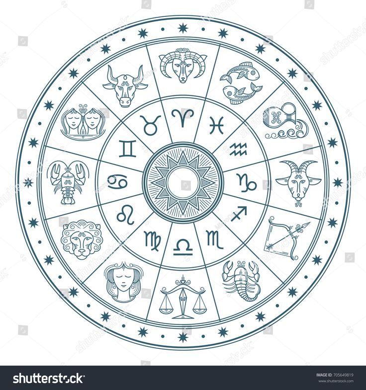 zodiac signs in the center of a circle with stars and symbols around it on a white background