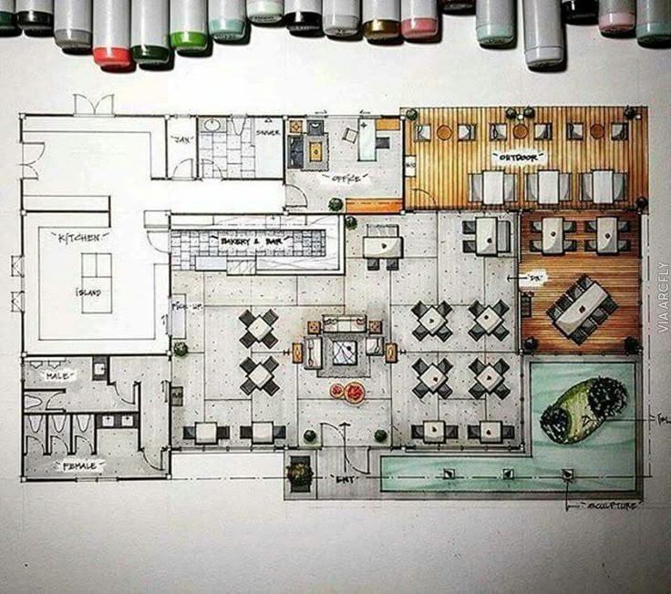 an architectural drawing of a kitchen and living room