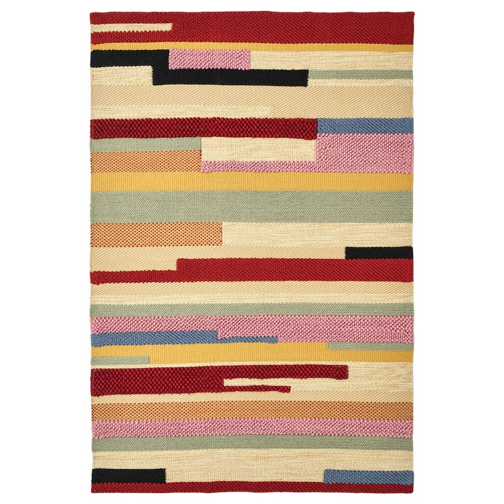 a multicolored area rug with stripes and lines on the bottom, in various colors