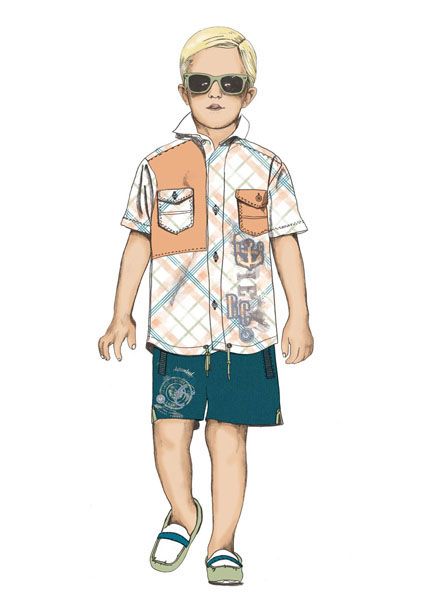 a drawing of a young boy in shorts and shirt with sunglasses on his head, standing