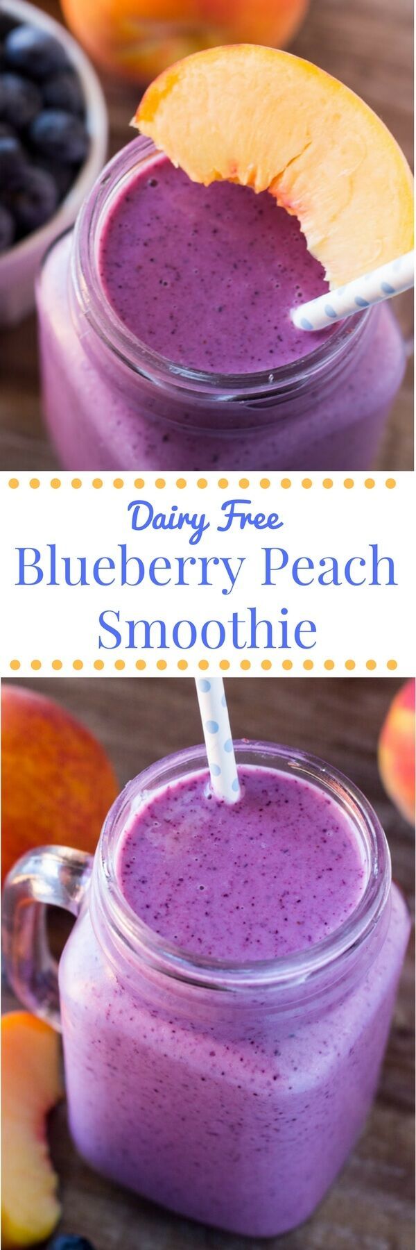 blueberry peach smoothie in a mason jar