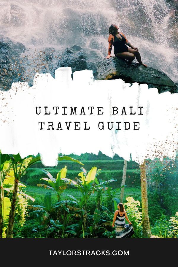 a woman sitting on top of a rock in the jungle with text overlay reading ultimate bali travel guide