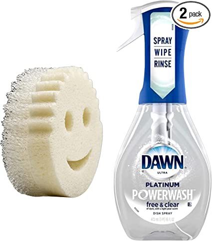 a bottle of dawn and a sponge on a white background with the same product in it