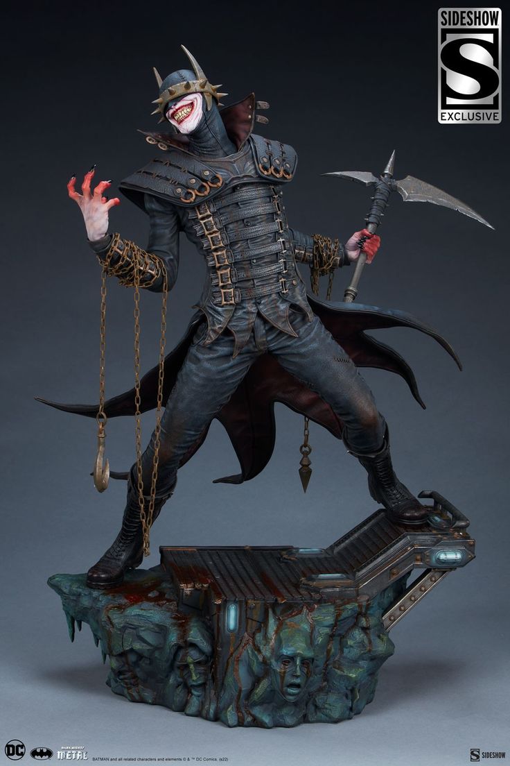 a statue of a man dressed as batman with two swords and chains on his hands