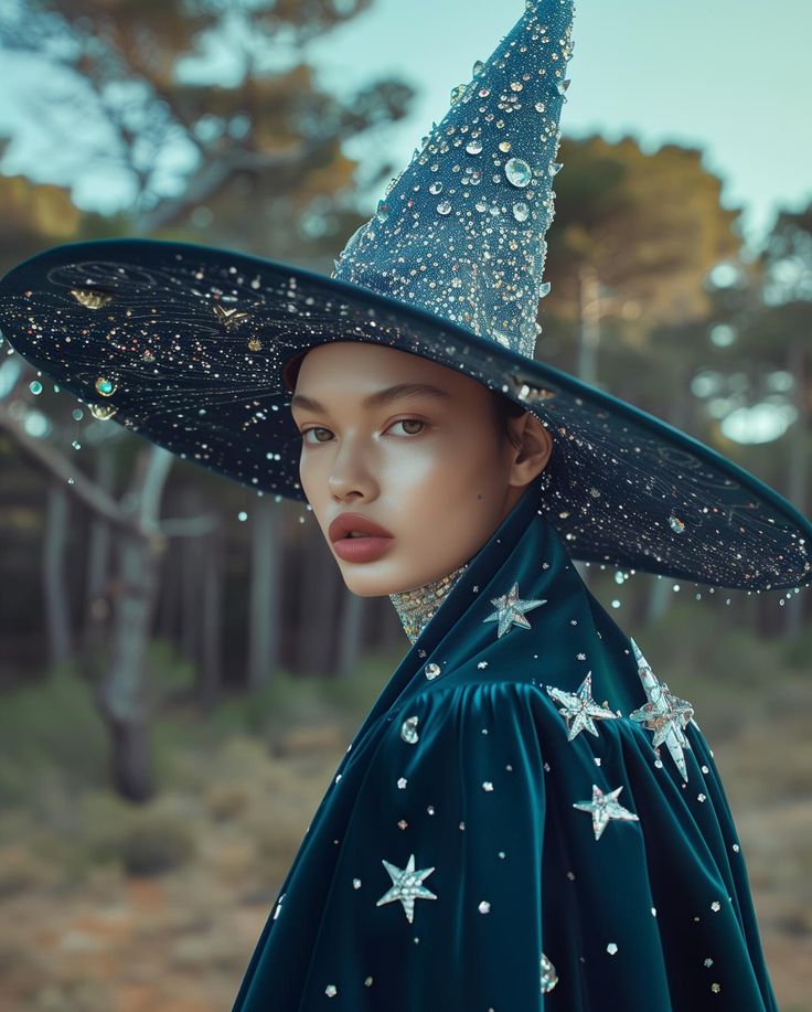 a woman wearing a witches hat with stars on her head and blue cape over her shoulders