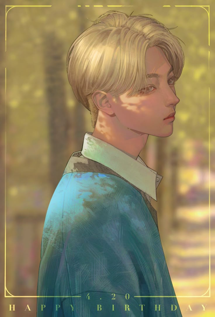 a boy with blonde hair wearing a blue shirt and standing in front of some trees