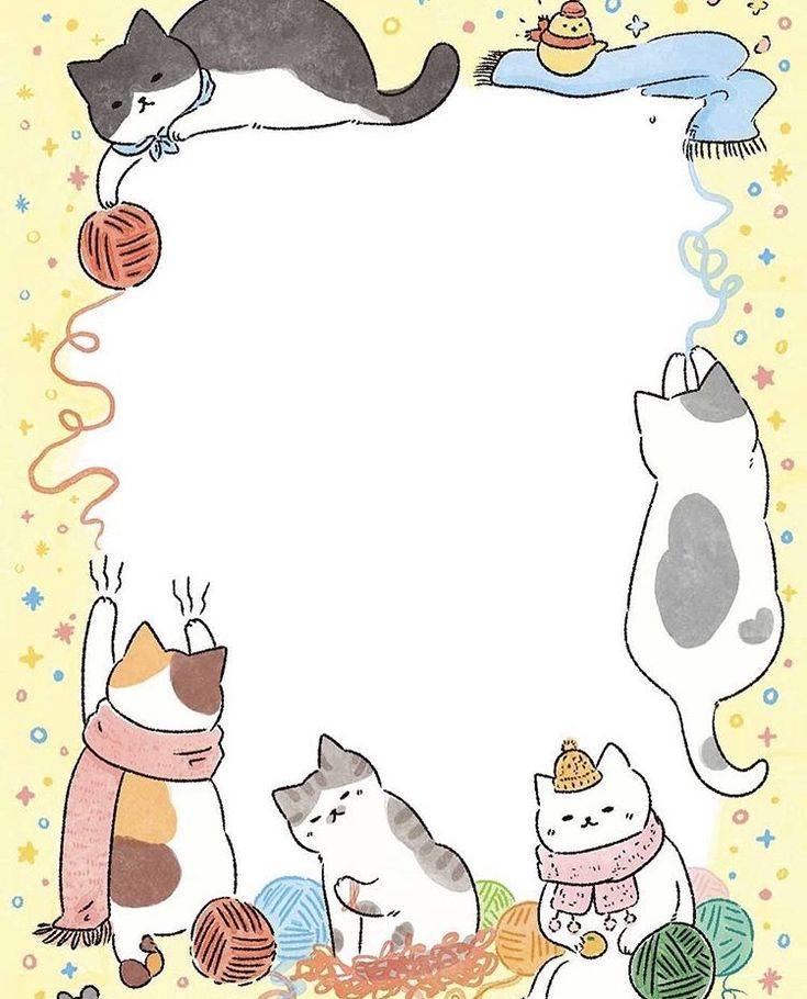 a card with cats and balls of yarn in the middle, surrounded by confetti