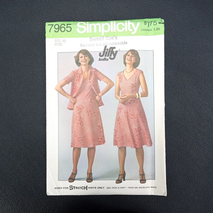 a woman's dress sewing pattern from the 1970's is displayed on a table