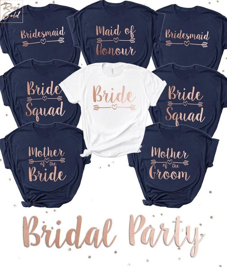 the bride squad t - shirt bundle is shown in navy and white with gold lettering