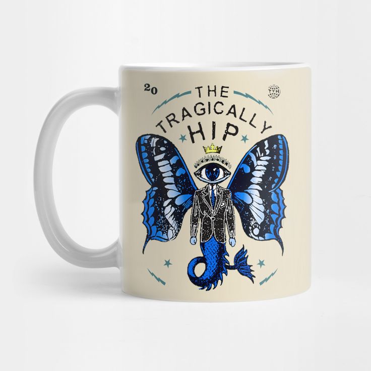 a white coffee mug with an image of a blue butterfly and the words, the tracially hip