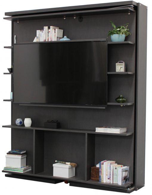 an entertainment center with shelves and a flat screen tv mounted on it's side