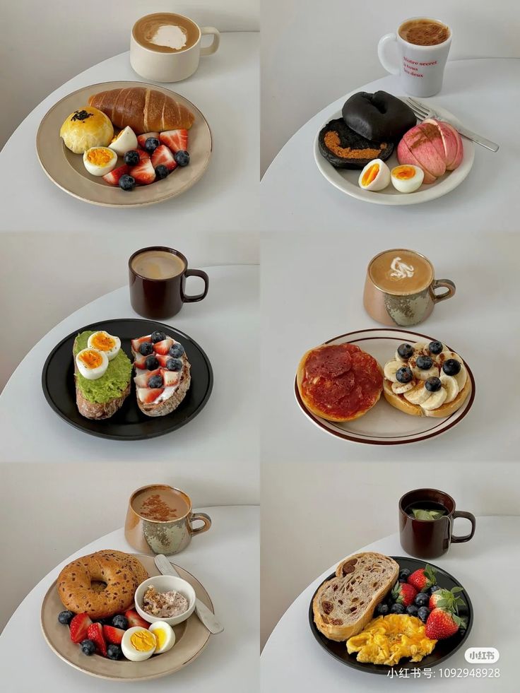 four different pictures of breakfast foods on plates and cups with coffee in the same photo