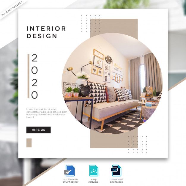 the interior design flyer is displayed in front of a couch and table with pictures on it