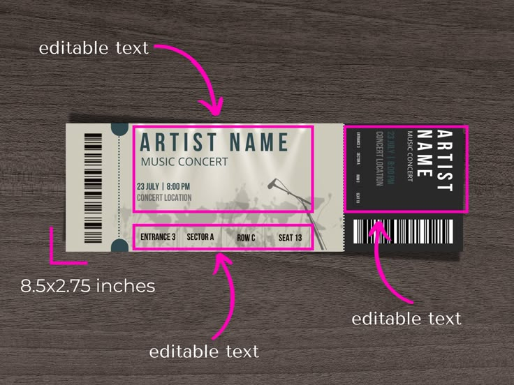 an image of a concert ticket with the text artist name and barcodes on it