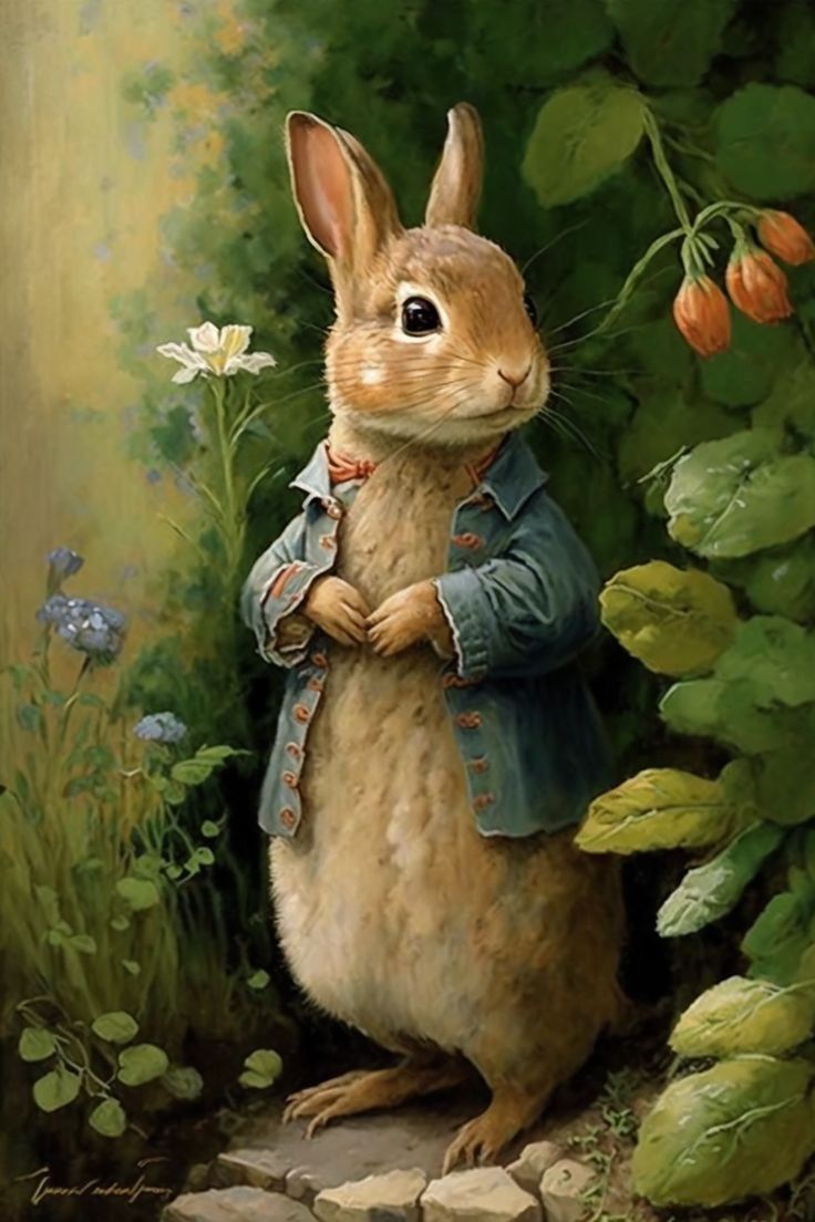 a painting of a rabbit standing in front of some flowers and plants with its eyes closed