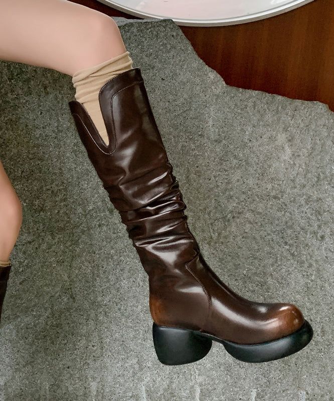 Fashion Chunky High Boots Brown Cowhide Leather WrinkledMade of:-Cowhide Leather Upper.-Rubber sole-Genuine Leather cushioned insole.2.55"/6.5cm Chunky Heel Chunky High Boots, Brown Cowhide, Funky Shoes, Leather Cushion, Boots Brown, Drawstring Hoodie, Chunky Heel, Brown Boots, Van Life