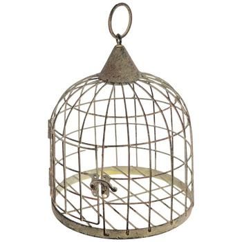 a bird in a cage hanging from the ceiling