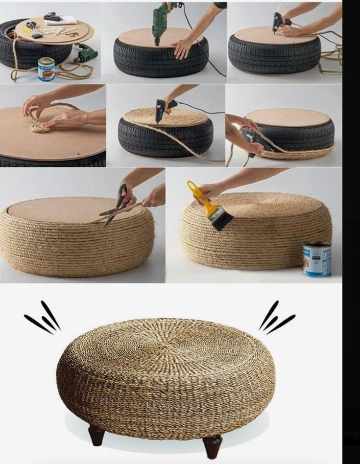 the steps to make a round ottoman out of rope and wood, with instructions on how to