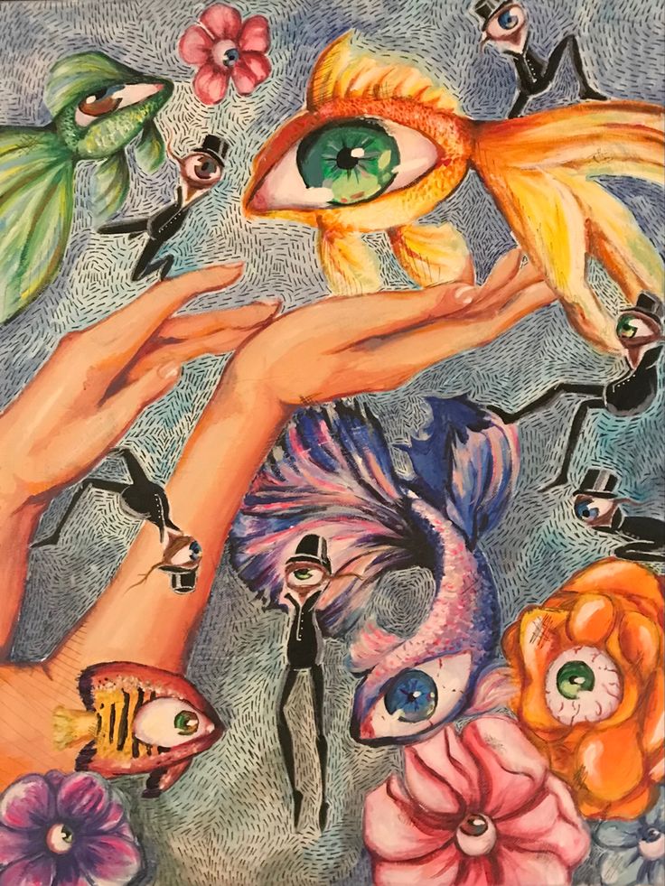 an image of a painting with flowers and birds on it's hands, including one eye