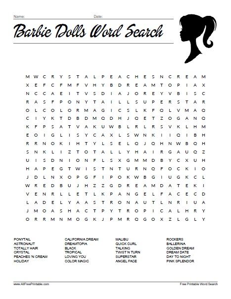 the word search page for barbie dolls world search is shown in black and white, with an image of a woman's head