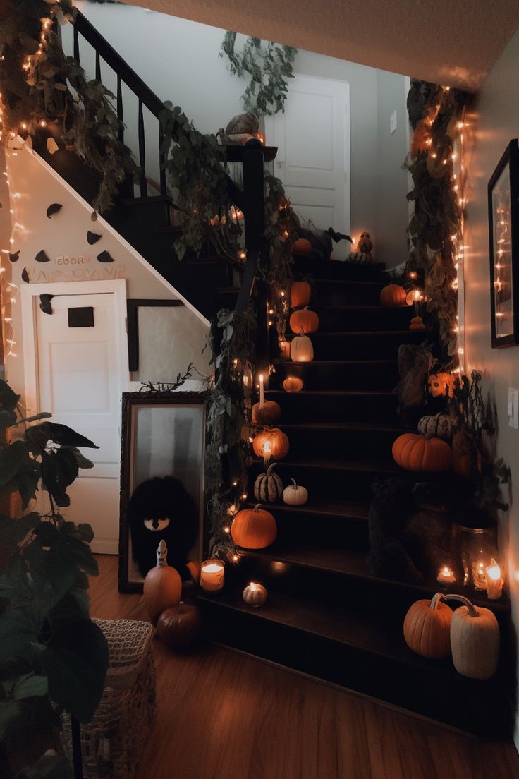 a staircase decorated for halloween with pumpkins and candles