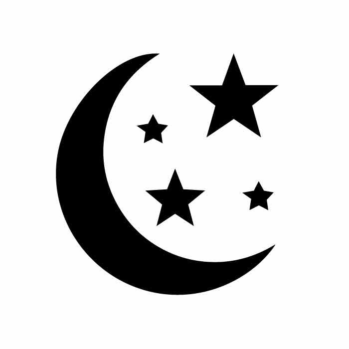 the moon and five stars are shown in this black and white icon, which appears to be on a white background