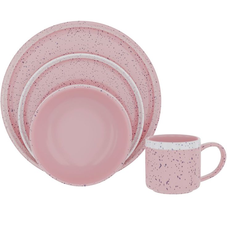 pink and white dinnerware set with speckled design