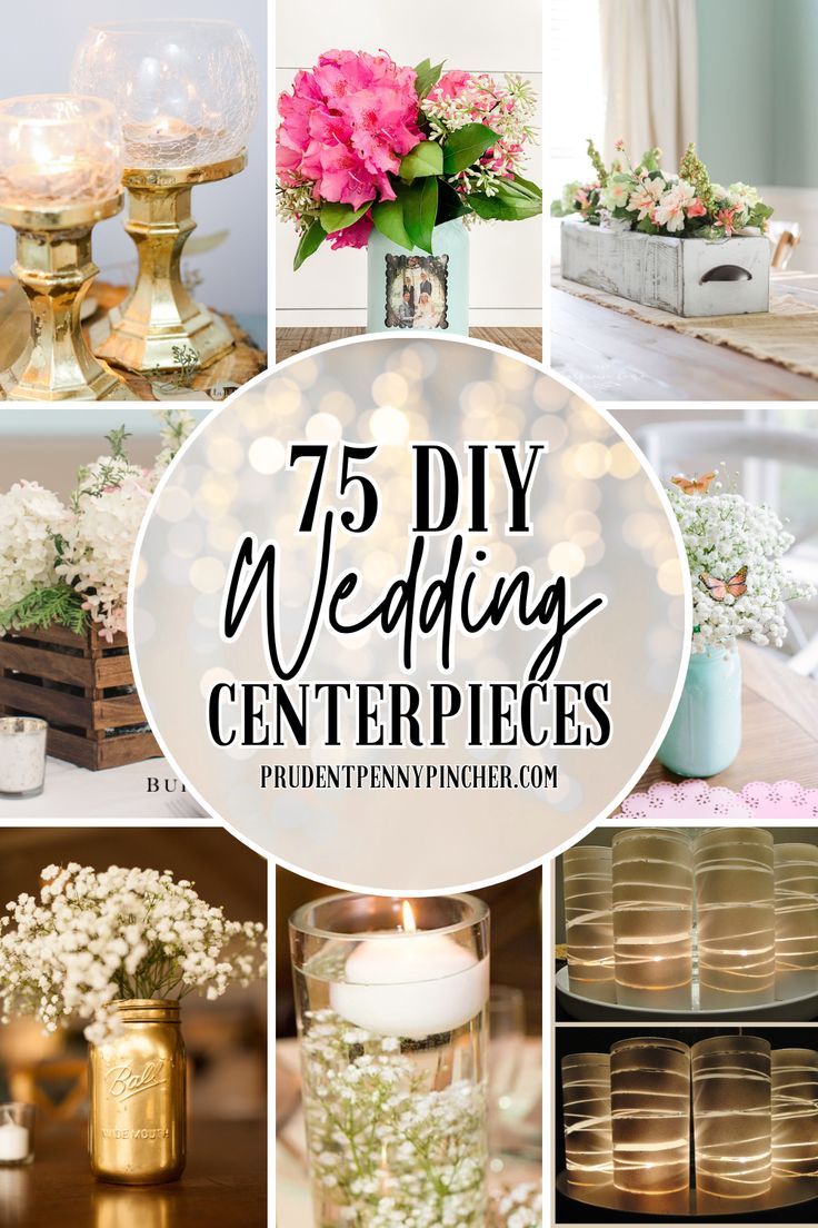 A collection of DIY wedding centerpiece ideas featuring elegant and rustic designs with flowers, candles, and budget-friendly decorations for round and rectangle tables.