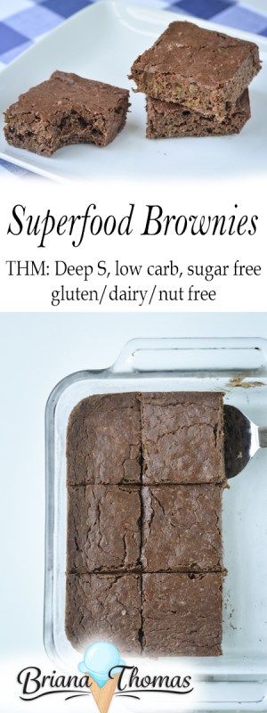 brownies cut into squares and placed on a plate with a spoon in it, labeled superfood brownies thm deep 5 low carbs, sugar free gluten / dairy nut free