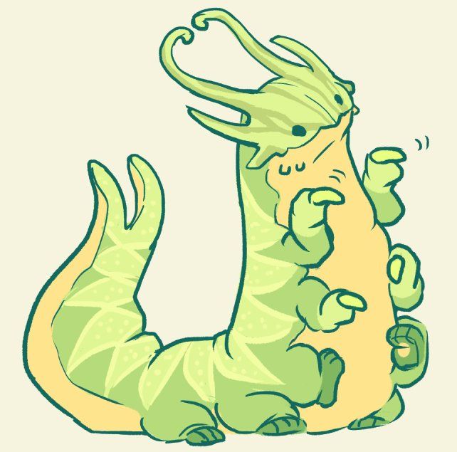 a drawing of a green and yellow dragon sitting on top of another one's back