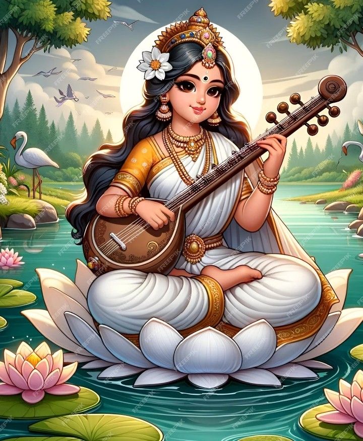 goddess sitting on lotuses playing the sita guitar in front of water lilies