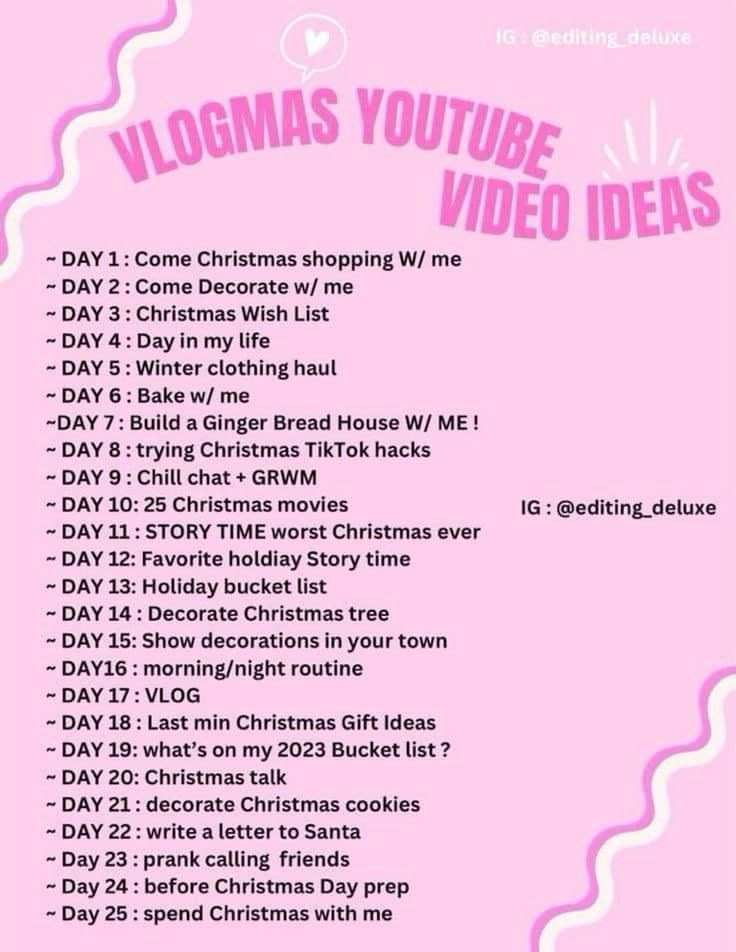 a pink poster with the words vlogmas youtubee video ideas