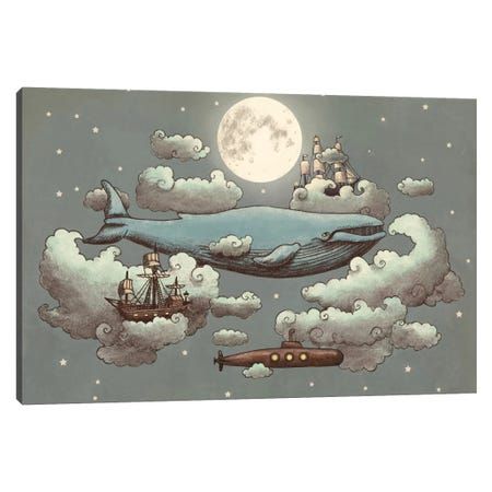 a drawing of a whale floating in the sky with ships below it and a full moon behind it