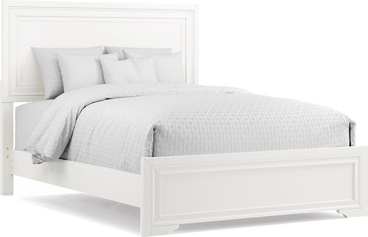 a bed with white linens and pillows on it's headboard, in front of a white background