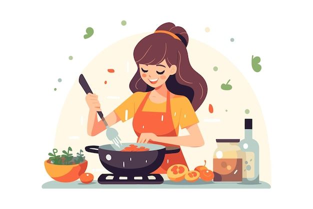 a woman cooking food on the stove with utensils in front of her, surrounded by oranges and spices