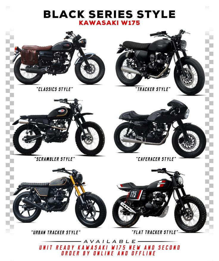 several different types of motorcycles are shown in this graphic above the words, black series style kawasaki