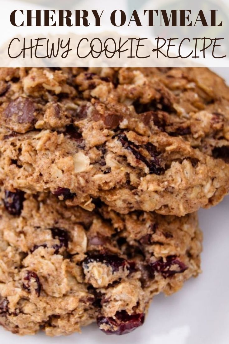 three chewy oatmeal cookies stacked on top of each other with text overlay