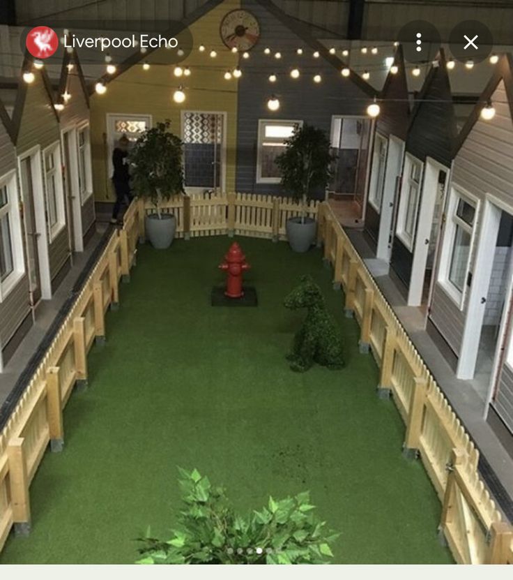 a fake fire hydrant is in the middle of a courtyard with lights strung over it