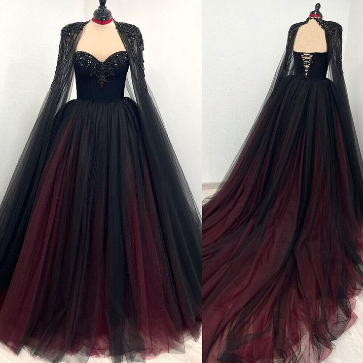 Gothic Black and Red Sweetheart Wedding Dresses with Cape Appliques Bridal Gowns | eBay Evil Queen Prom Dress, Gothic Fall Wedding Dress, Black Burgundy Wedding Dress, New Orleans Style Wedding Dress, Emo Dresses Prom Goth, Fairy Inspired Dress Gowns, Red Black Bridesmaid Dresses, Villian Wedding Dress, Gothic Red And Black Dress