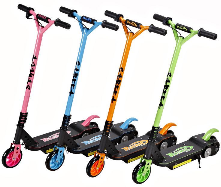 three colorful scooters are lined up against a white background and one is black