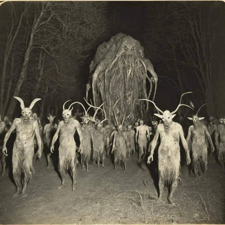 an old black and white photo of some weird looking animals in the woods at night