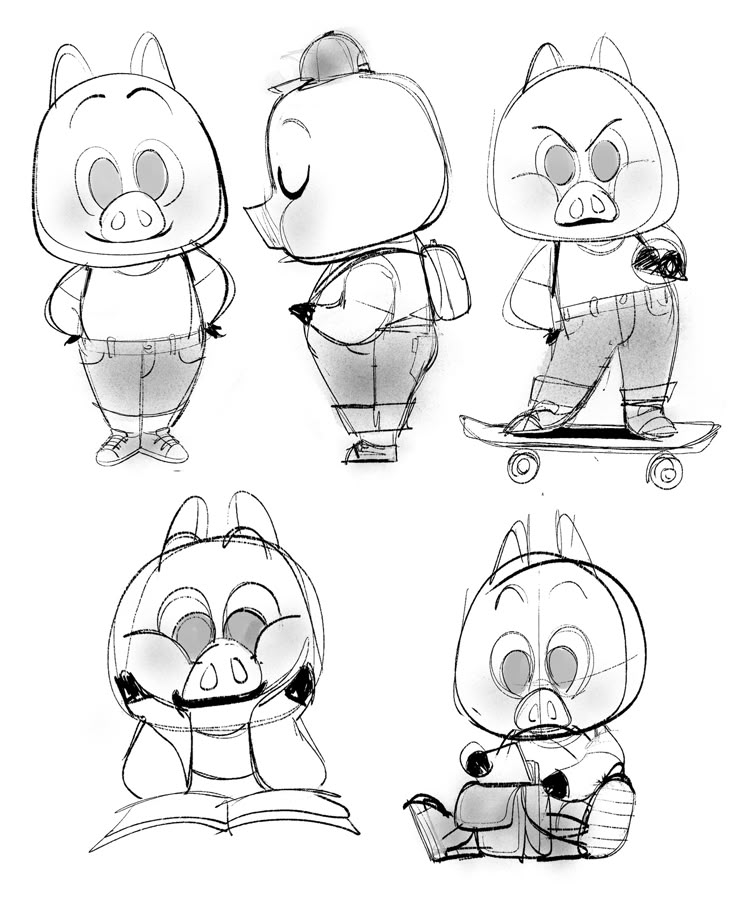 four different poses of an animal character on a skateboard, one in the process of drawing