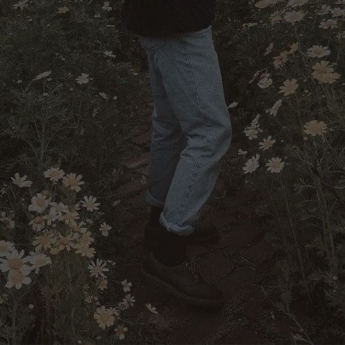 a person standing in the middle of a field with daisies on it's side